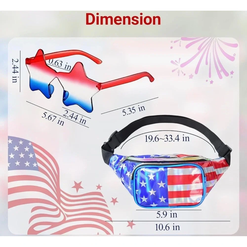 NWT 4pc USA Flag Fanny Packs & Star Sunglasses 4th of July Patriotic Set